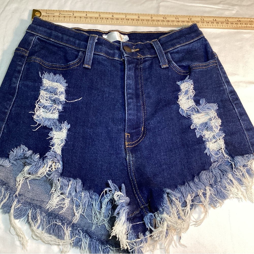 Distressed High Rise Blue Jean Shorts with Raw Hem